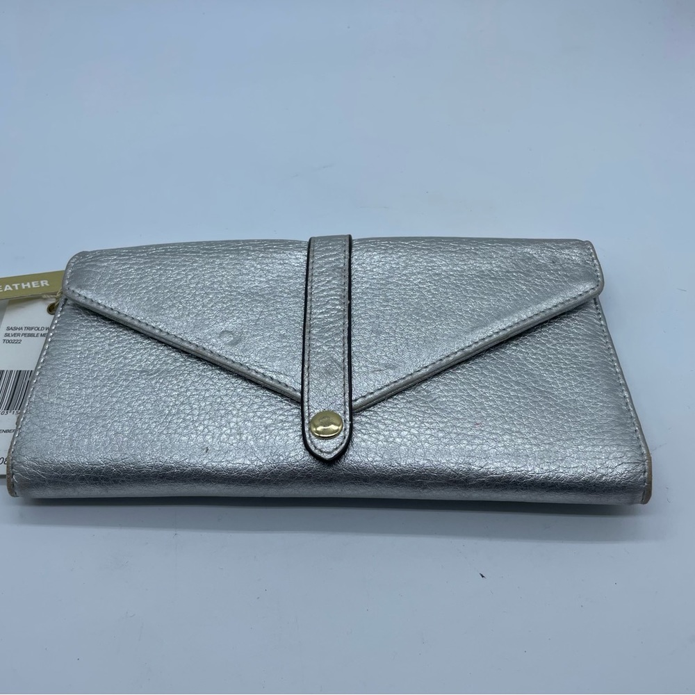 Aimee Kestenberg Metallic Silver Pebble Leather Trifold Envelope Clutch Wallet